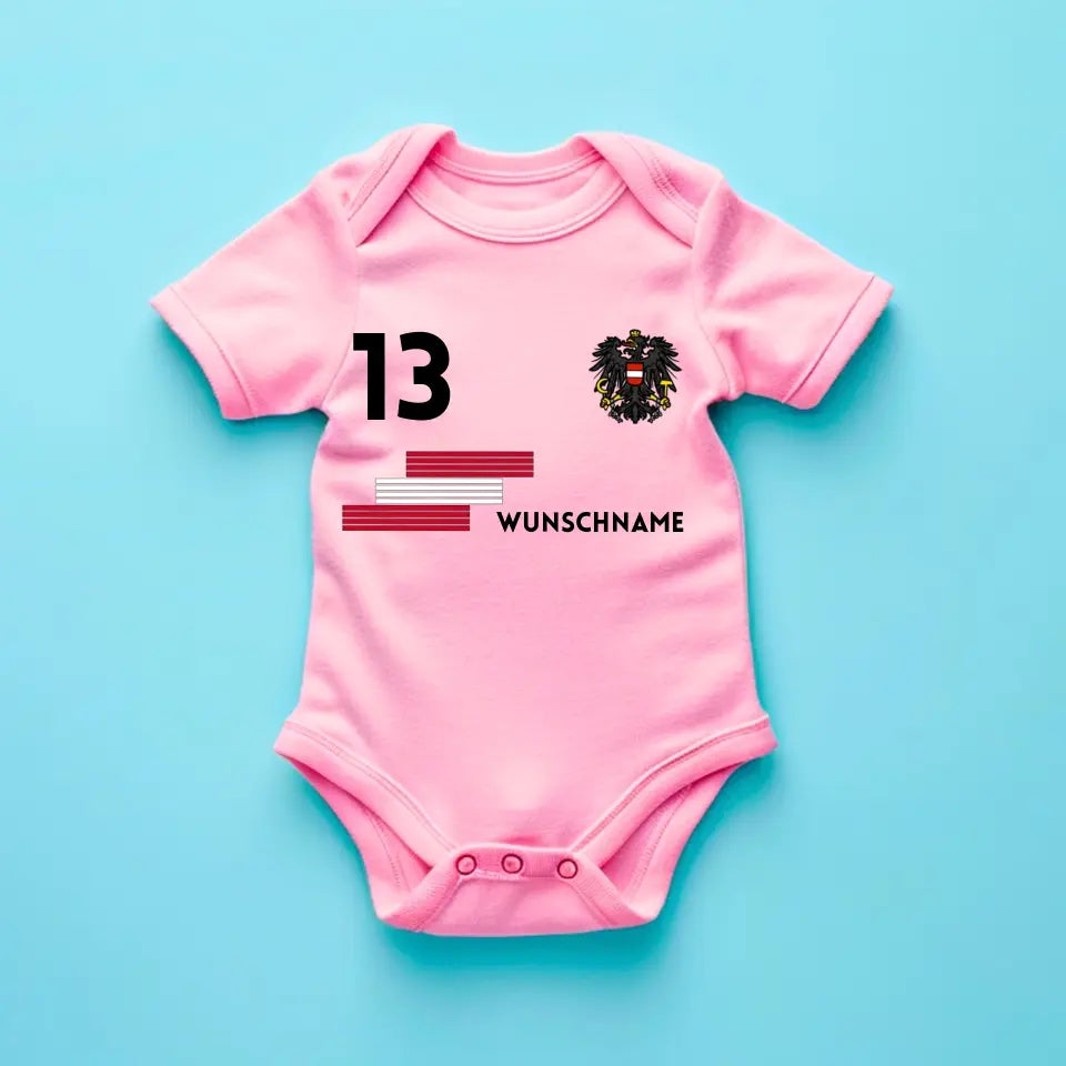 Fussball Österreich - Personalisierter Baby-Onesie/ Strampler, Trikot mit anpassbarem Namen und Trikotnummer, 100% Bio-Baumwolle Baby Body