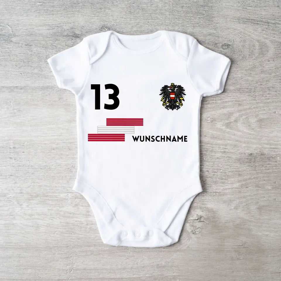 Fussball Österreich - Personalisierter Baby-Onesie/ Strampler, Trikot mit anpassbarem Namen und Trikotnummer, 100% Bio-Baumwolle Baby Body