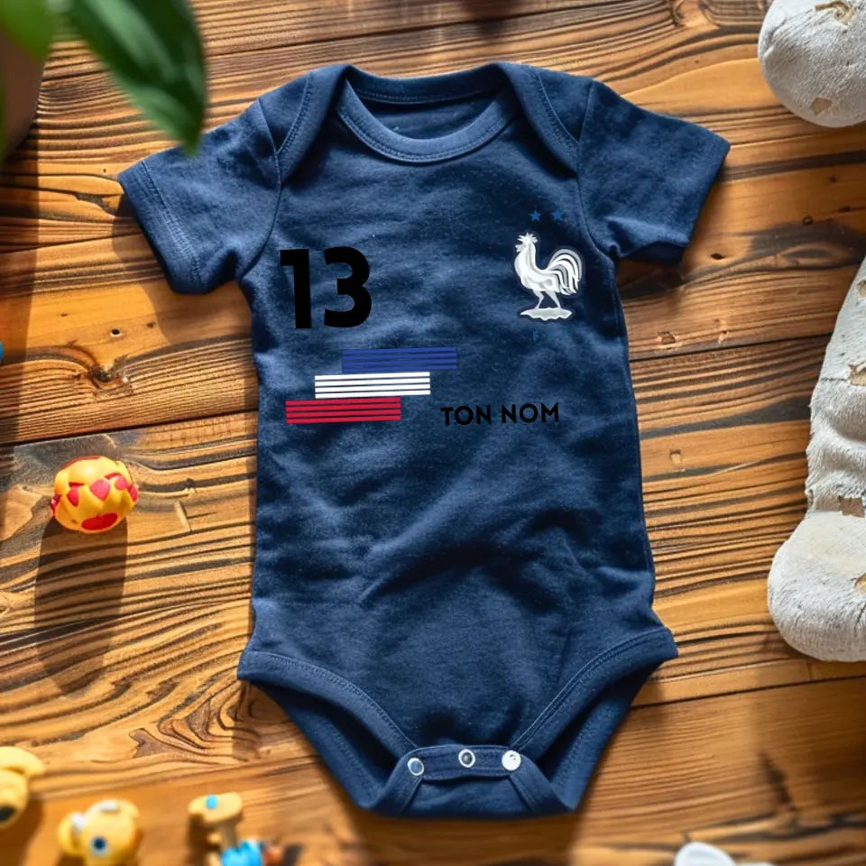 Maillot de foot France - Body bébé personnalisé avec prénom et numéro de maillot personnalisables, 100% coton bio