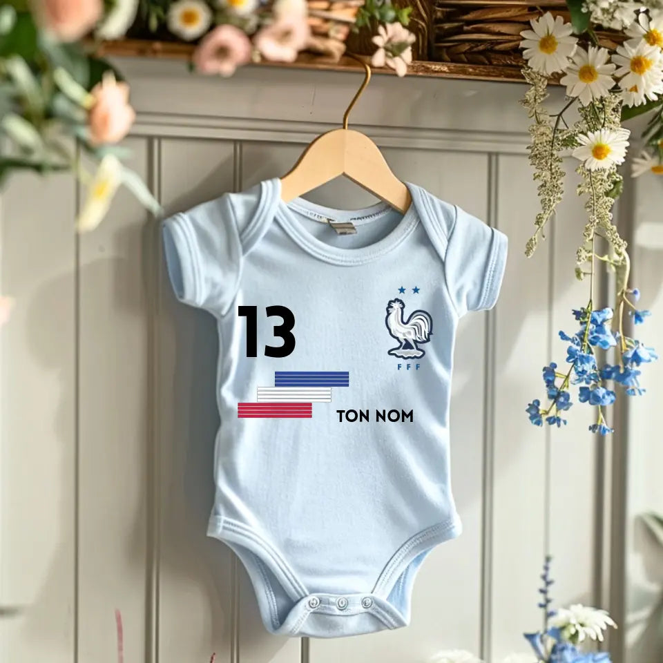 Maillot de foot France - Body bébé personnalisé avec prénom et numéro de maillot personnalisables, 100% coton bio