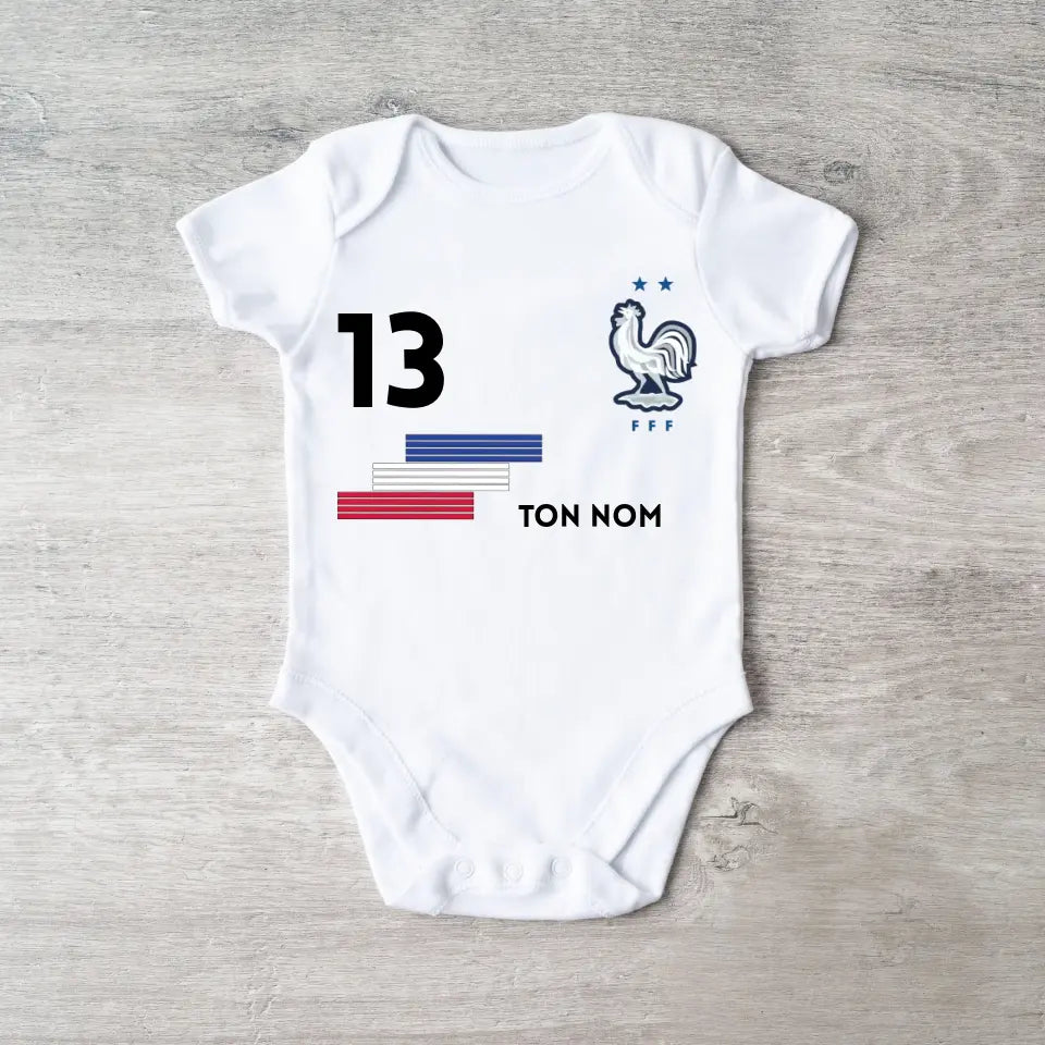 Maillot de foot France - Body bébé personnalisé avec prénom et numéro de maillot personnalisables, 100% coton bio