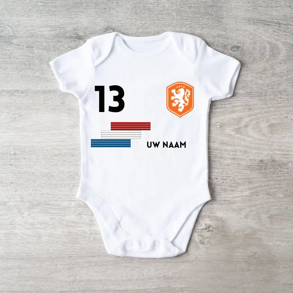 Voetbal Nederland - Gepersonaliseerde baby romper, shirt met aanpasbare naam en rugnummer, 100% biologisch katoenen baby romper