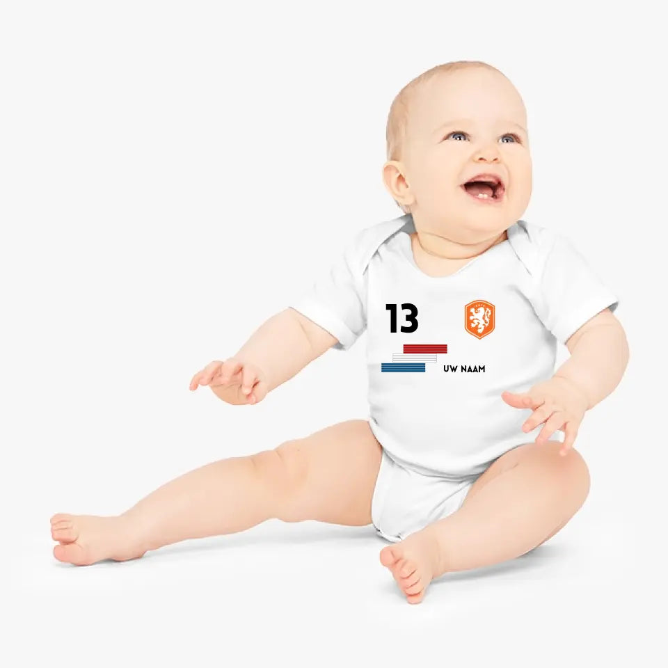 Voetbal Nederland - Gepersonaliseerde baby romper, shirt met aanpasbare naam en rugnummer, 100% biologisch katoenen baby romper