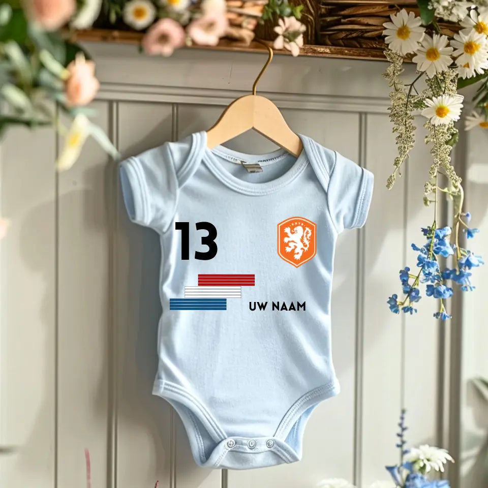 Voetbal Nederland - Gepersonaliseerde baby romper, shirt met aanpasbare naam en rugnummer, 100% biologisch katoenen baby romper