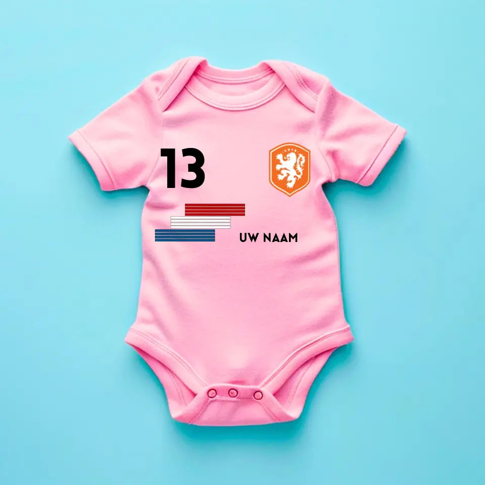 Voetbal Nederland - Gepersonaliseerde baby romper, shirt met aanpasbare naam en rugnummer, 100% biologisch katoenen baby romper