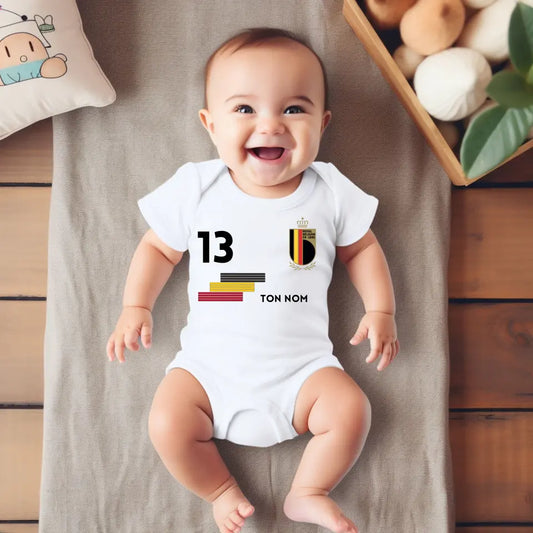Maillot de foot Belgique - Body bébé personnalisé avec prénom et numéro de maillot personnalisables, 100% coton bio