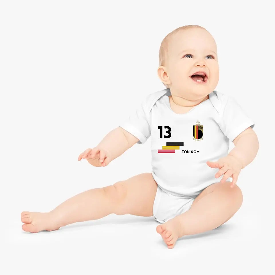 Maillot de foot Belgique - Body bébé personnalisé avec prénom et numéro de maillot personnalisables, 100% coton bio