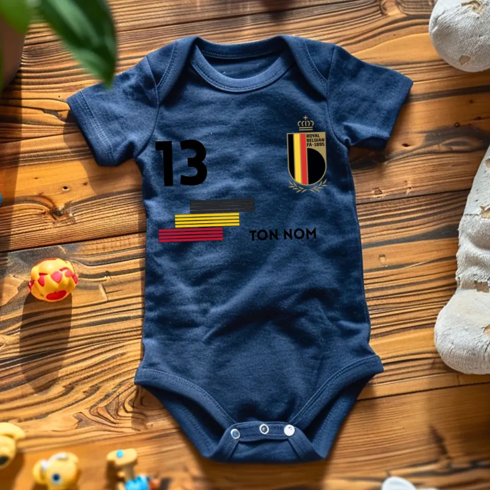 Maillot de foot Belgique - Body bébé personnalisé avec prénom et numéro de maillot personnalisables, 100% coton bio