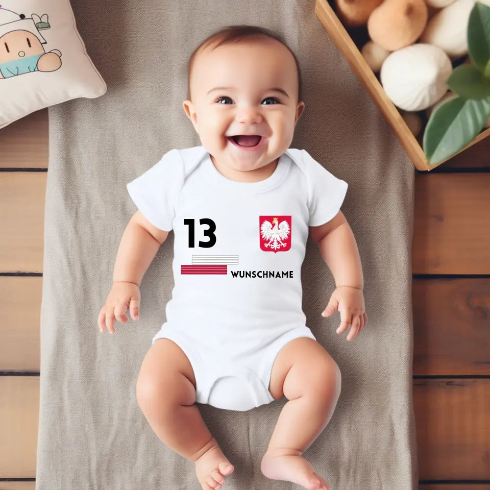Fussball Polen - Personalisierter Baby-Onesie/ Strampler, Trikot mit anpassbarem Namen und Trikotnummer, 100% Bio-Baumwolle Baby Body