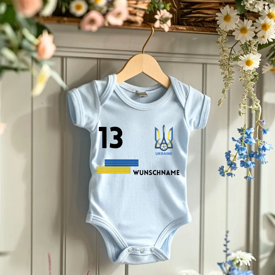 Fussball Ukraine - Personalisierter Baby-Onesie/ Strampler, Trikot mit anpassbarem Namen und Trikotnummer, 100% Bio-Baumwolle Baby Body