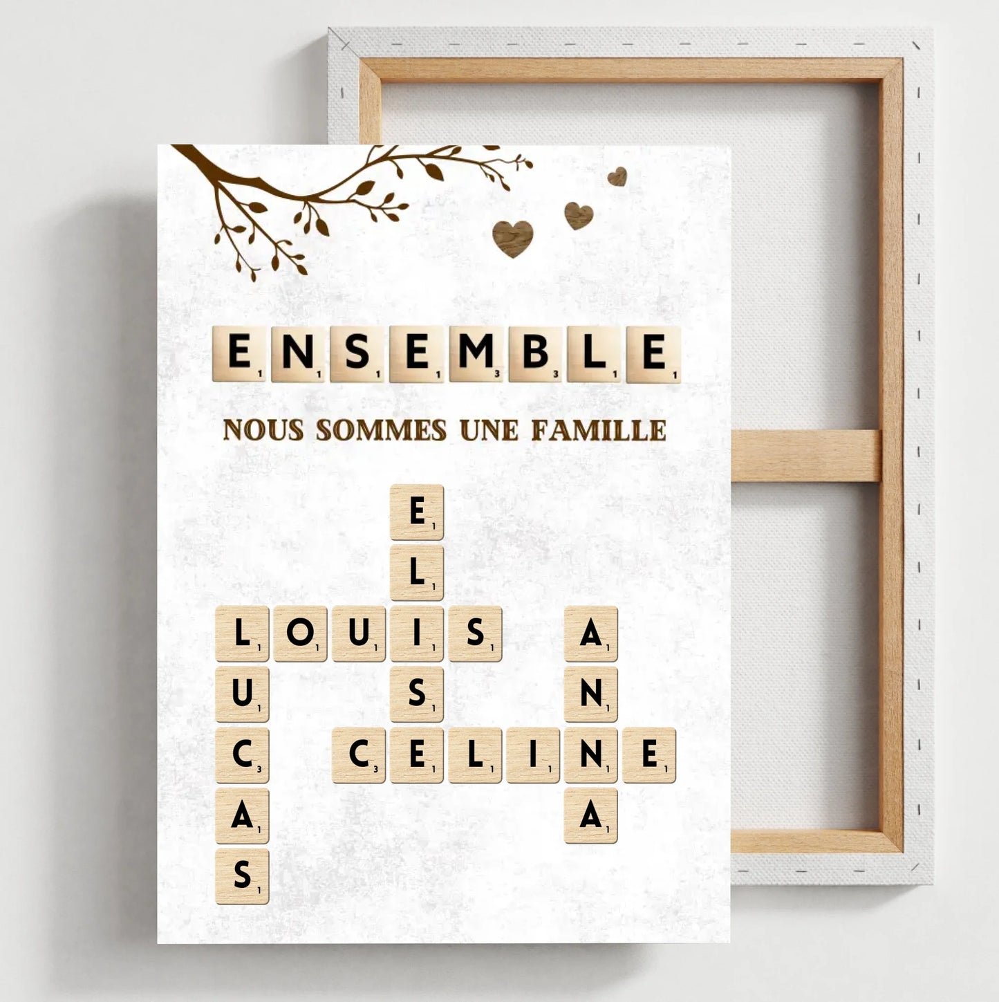 Toile de Scrabble personnalisée avec le nom de toute ta famille - Ensemble, nous sommes une famille