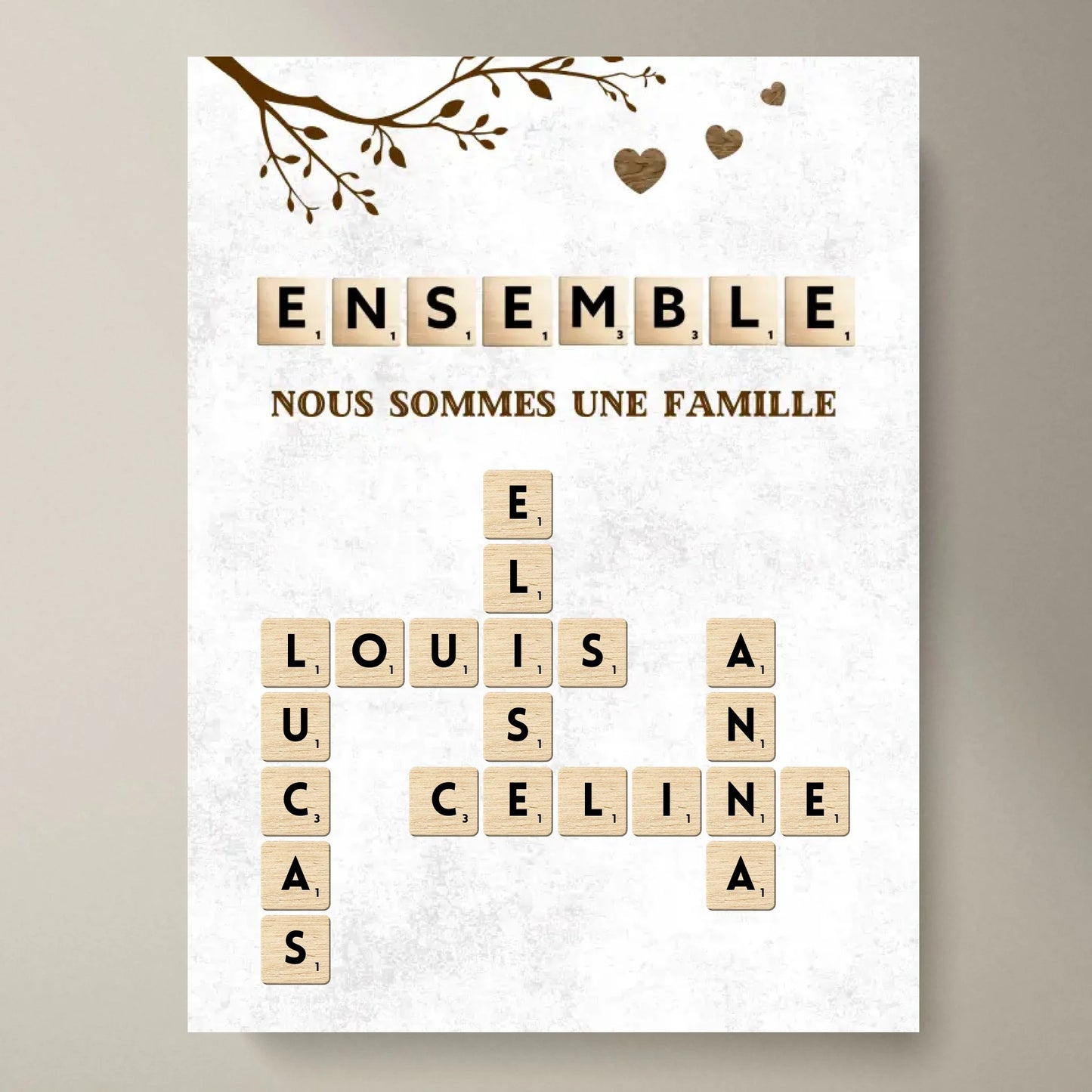 Toile de Scrabble personnalisée avec le nom de toute ta famille - Ensemble, nous sommes une famille
