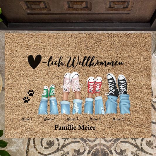 Welcome - Personlig dörrmatta för inomhus- och utomhusbruk (2-8 personer, barn och husdjur) Grå