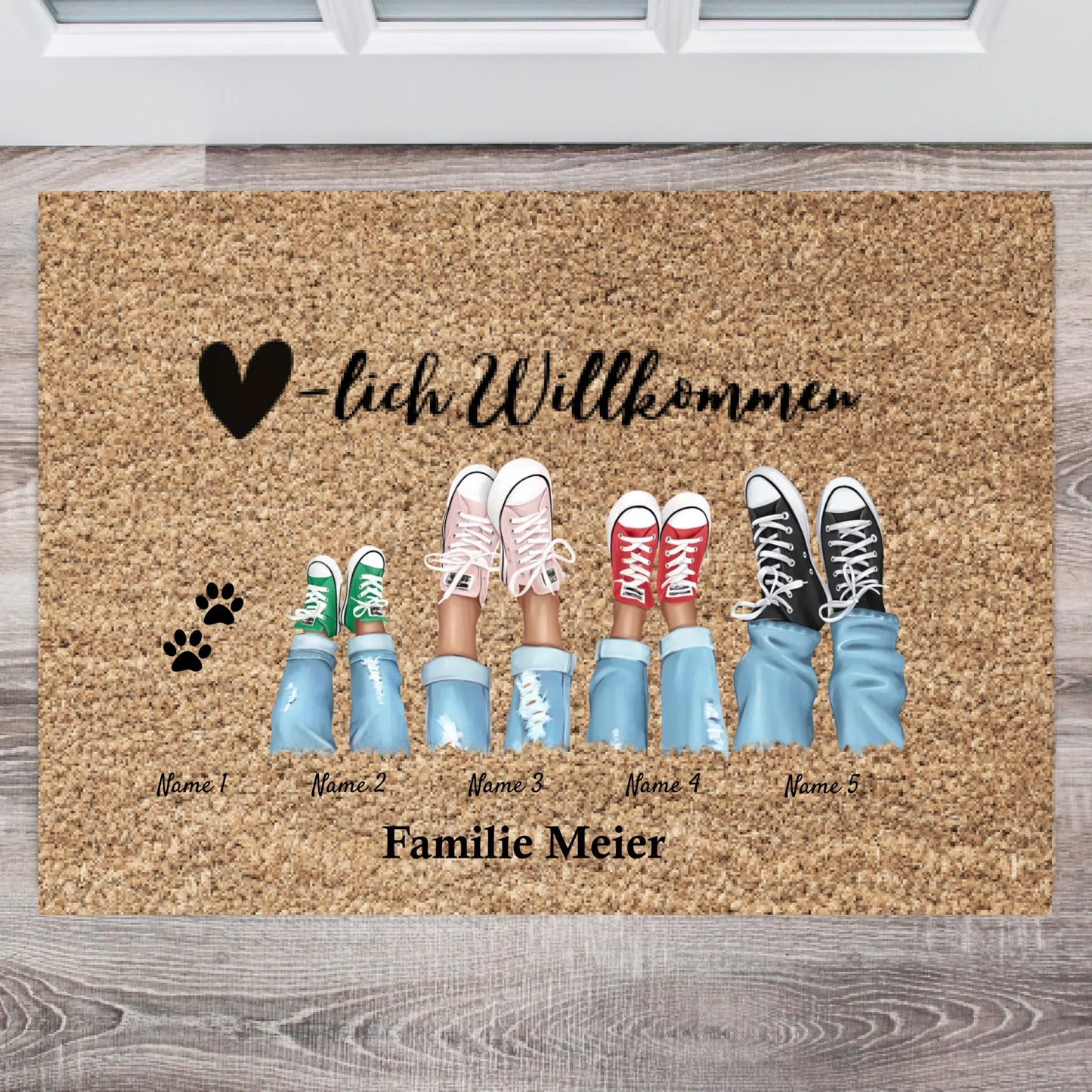 Welcome - Personlig dörrmatta för inomhus- och utomhusbruk (2-8 personer, barn och husdjur) Grå