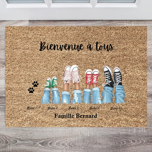 Bienvenue dans notre famille - Paillasson familial personnalisé (2-8 personer, barn & djur)