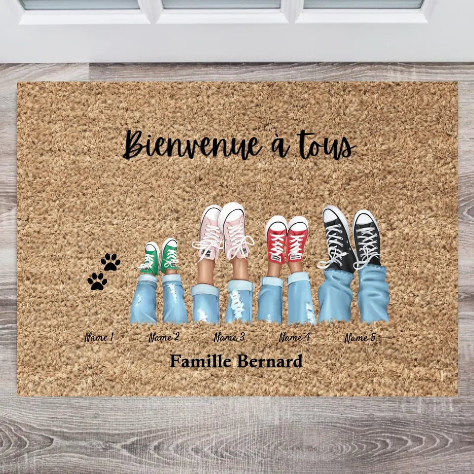 Bienvenue dans notre famille - Paillasson familial personnalisé (2-8 personer, barn & djur)