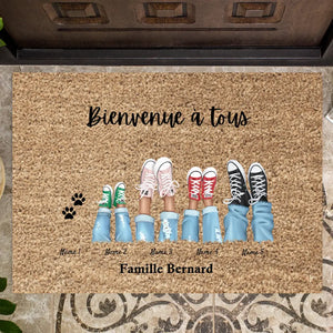 Bienvenue dans notre famille - Paillasson familial personnalisé (2-8 personer, barn & djur)