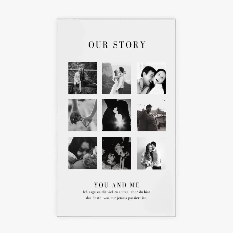 "Vår historia" Personligt parglas i akryl - fotocollage (4-9 bilder)