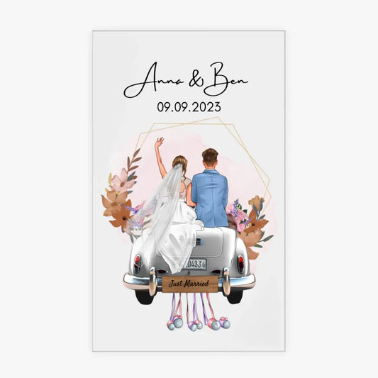 "Just Married" Personlig bröllopsbild i akrylglas - För gifta par, brud & brudgum, pengagåva