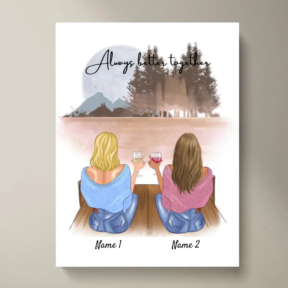 Bästa vänner/systrar med drink - Personlig canvas (2-4 kvinnor)
