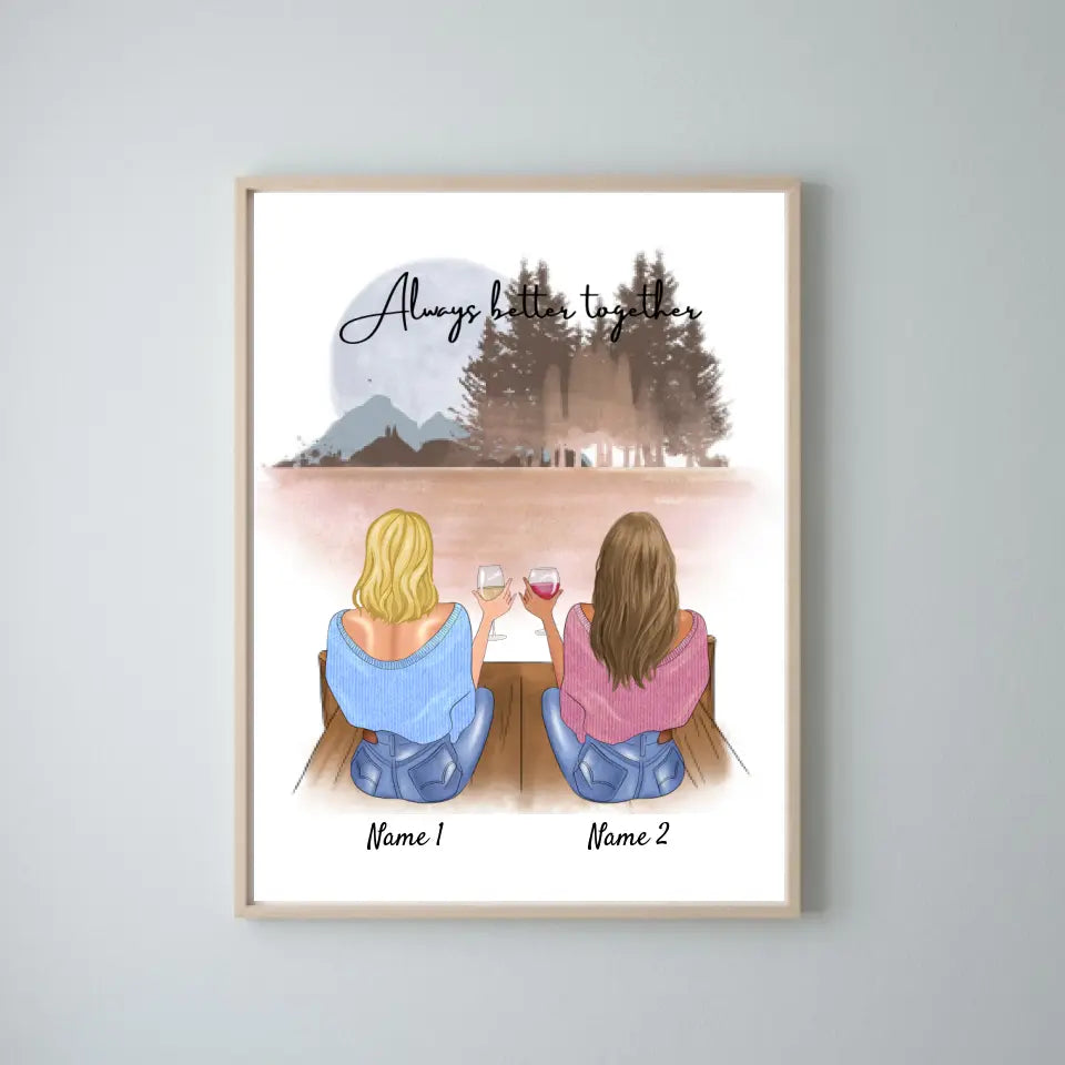 Bästa vänner/systrar med drink - Personlig canvas (2-4 kvinnor)