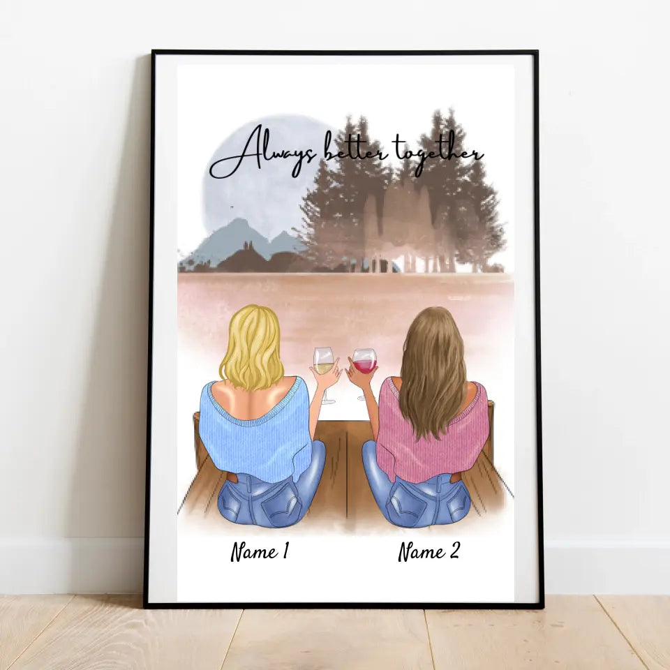 Bästa vänner/systrar med drink - Personlig canvas (2-4 kvinnor)