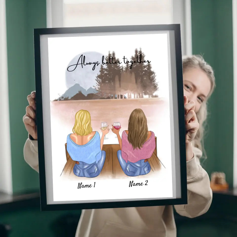 Bästa vänner/systrar med drink - Personlig canvas (2-4 kvinnor)