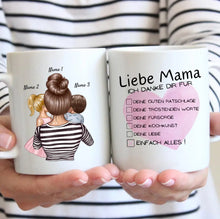 Indlæs billede til gallerivisning Liebe Mama, Danke für alles Checkliste - Personalisierte Tasse (1-4 Kinder, Muttertag)
