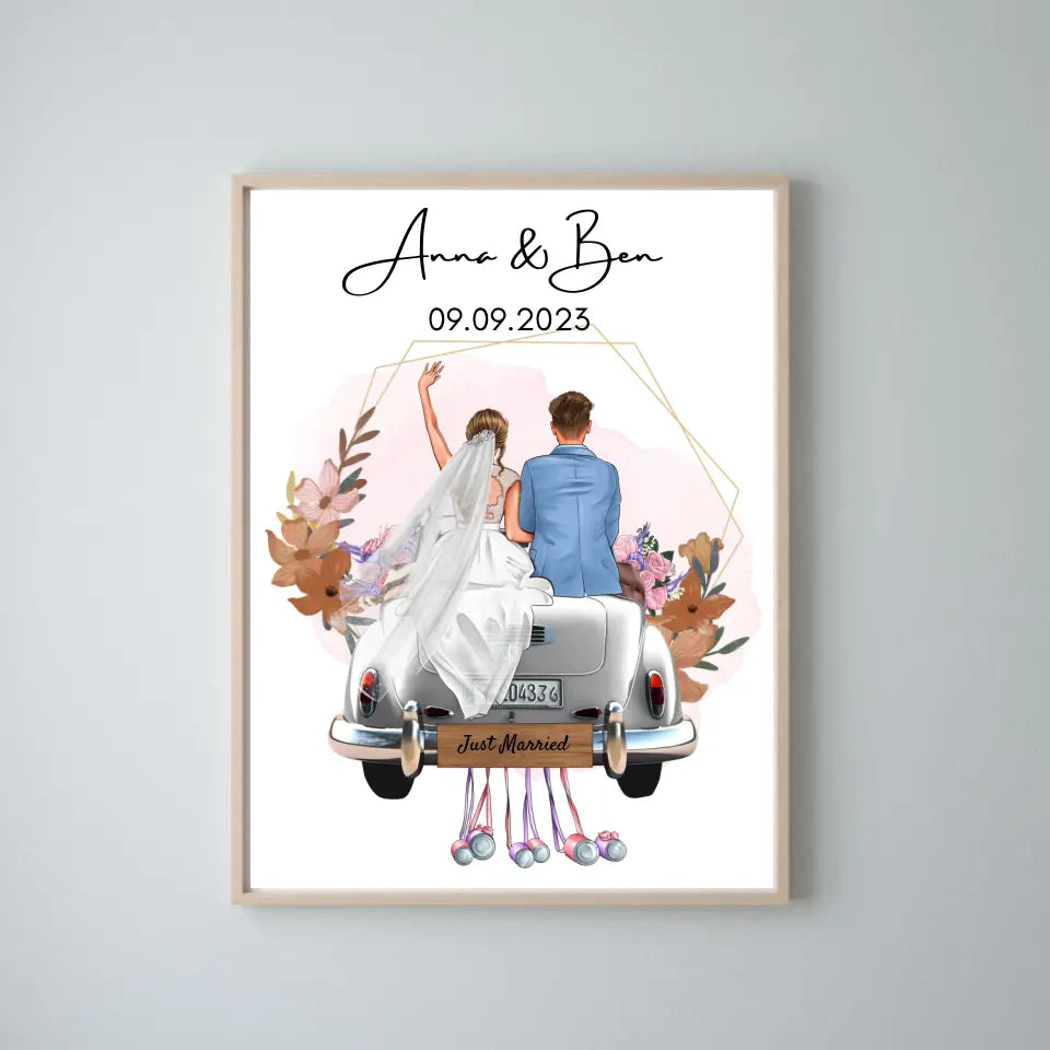 "Just Married" Personlig bröllopsposter - För gifta par, brud & brudgum, pengagåva, bröllopspresent