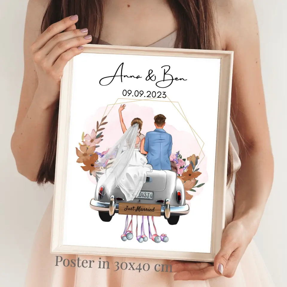 "Just Married" Personlig bröllopsposter - För gifta par, brud & brudgum, pengagåva, bröllopspresent
