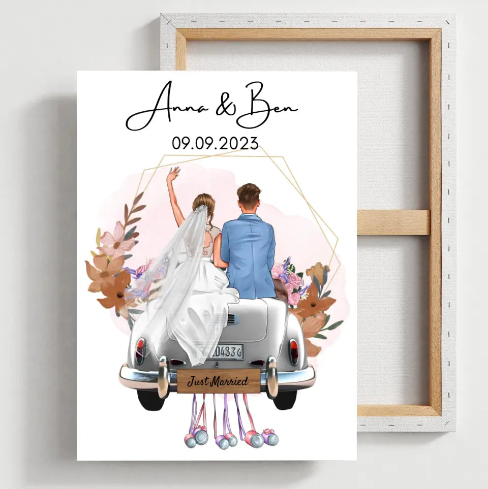 "Just Married" Personlig bröllopsposter - För gifta par, brud & brudgum, pengagåva, bröllopspresent