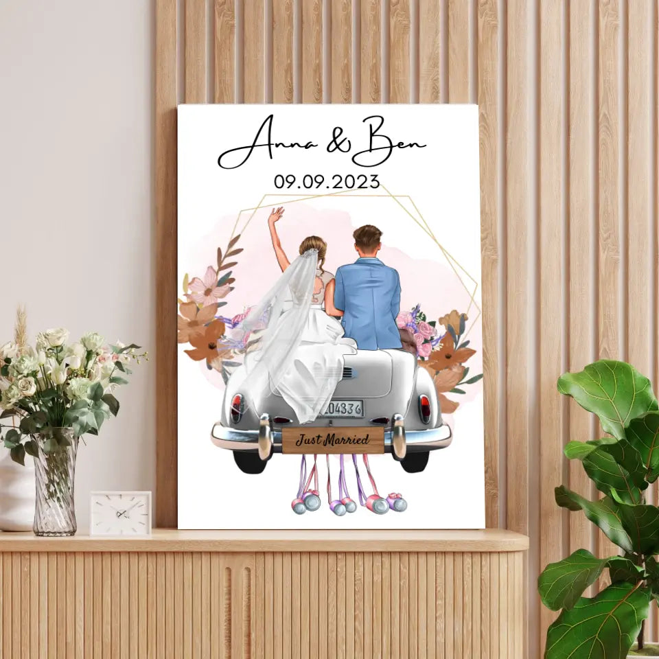 "Just Married" Personlig bröllopsposter - För gifta par, brud & brudgum, pengagåva, bröllopspresent