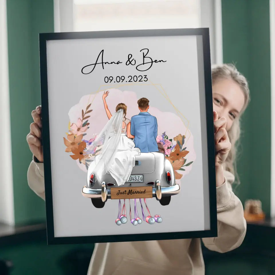 "Just Married" Personalisiertes Poster mit Rahmen zur Hochzeit - Für Ehepaare, Braut & Bräutigam, Geldgeschenk, Hochzeitsgeschenk