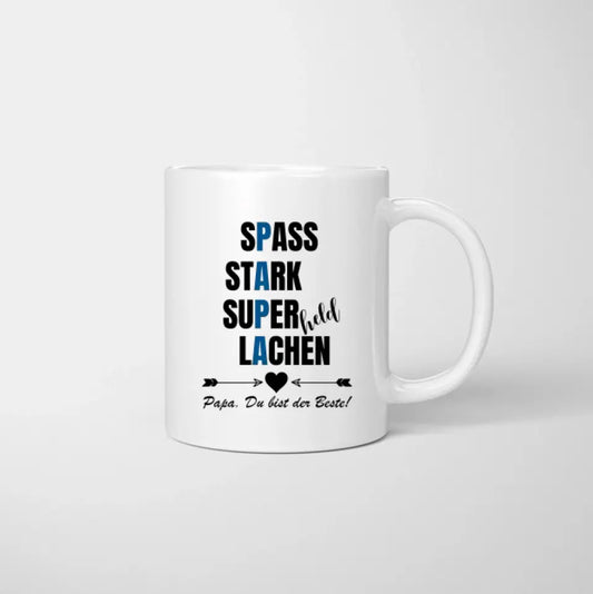 Papa Tasse: Spass, Stark, Superheld & Lachen - Personalisierte Tasse (Vater mit 1-4 Kinder)