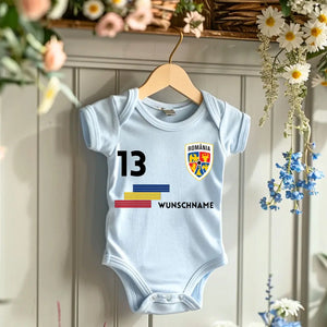 2024 Fussball EM Rumänien - Personalisierter Baby-Onesie/ Strampler, Trikot mit anpassbarem Namen und Trikotnummer, 100% Bio-Baumwolle Baby Body