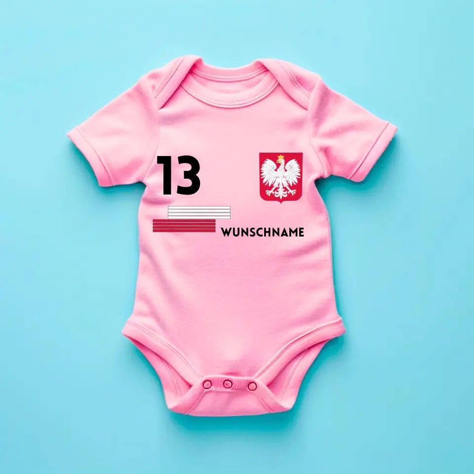 Fussball Polen - Personalisierter Baby-Onesie/ Strampler, Trikot mit anpassbarem Namen und Trikotnummer, 100% Bio-Baumwolle Baby Body
