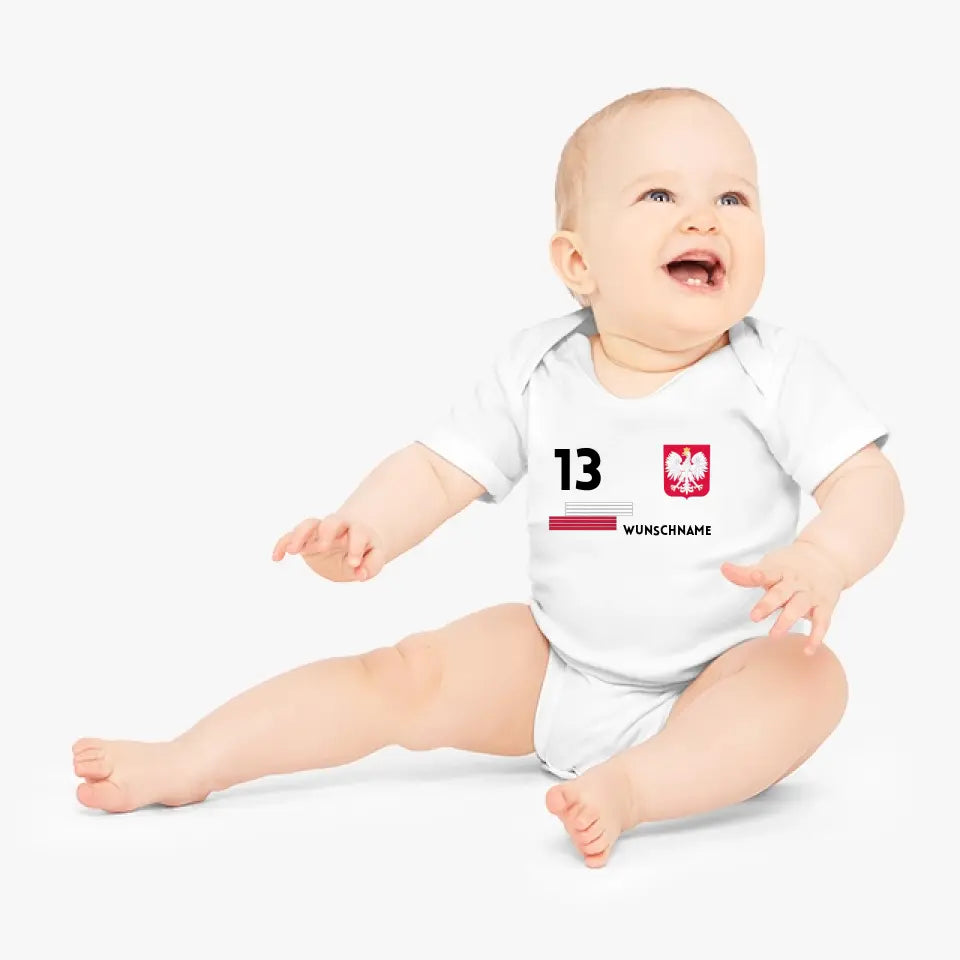 Fussball Polen - Personalisierter Baby-Onesie/ Strampler, Trikot mit anpassbarem Namen und Trikotnummer, 100% Bio-Baumwolle Baby Body