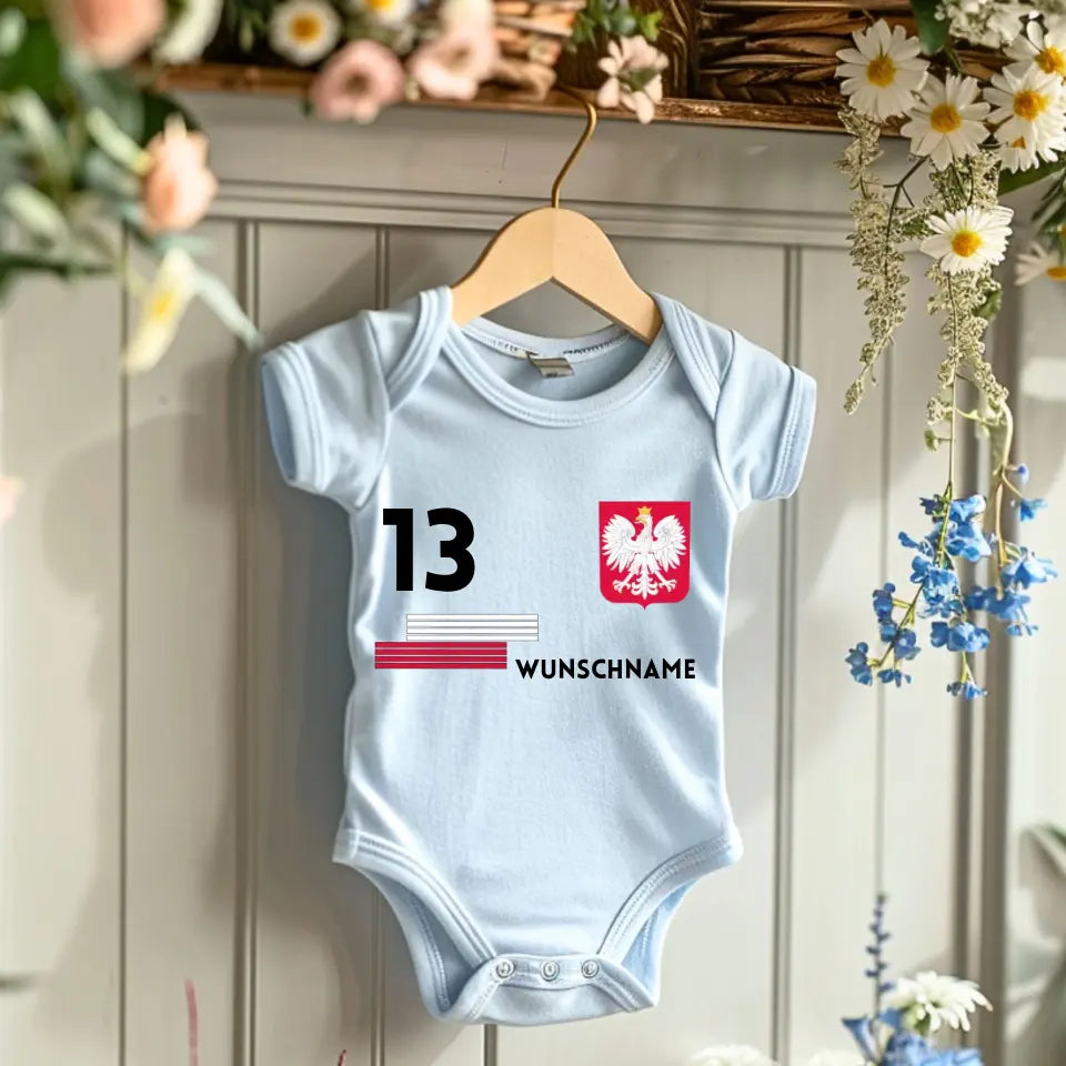 Fussball Polen - Personalisierter Baby-Onesie/ Strampler, Trikot mit anpassbarem Namen und Trikotnummer, 100% Bio-Baumwolle Baby Body