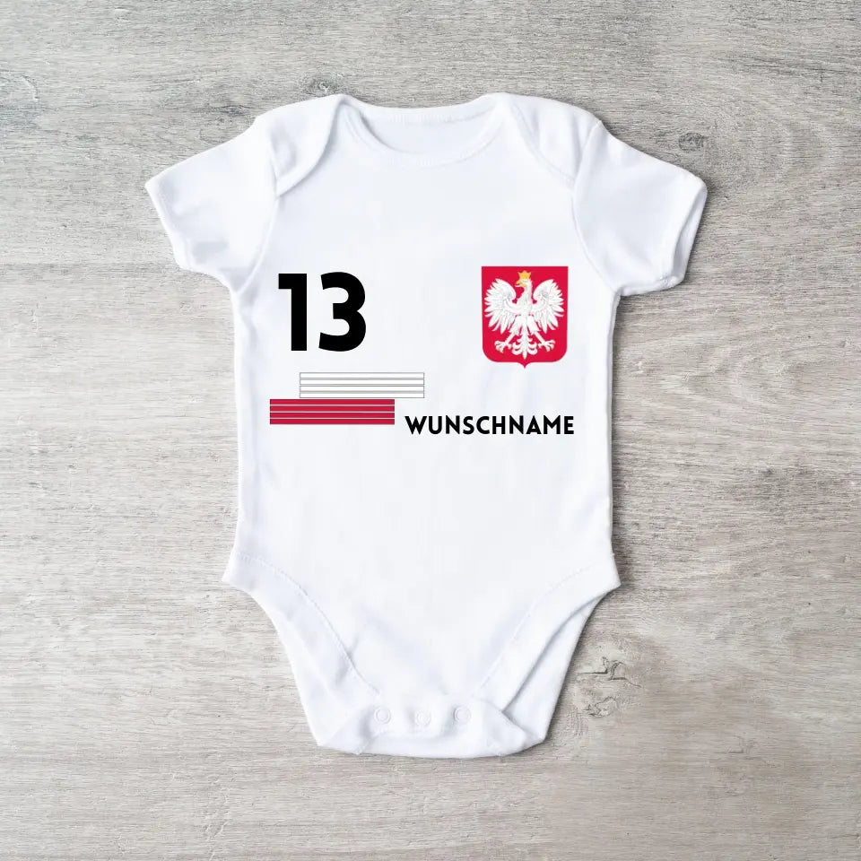 Fussball Polen - Personalisierter Baby-Onesie/ Strampler, Trikot mit anpassbarem Namen und Trikotnummer, 100% Bio-Baumwolle Baby Body
