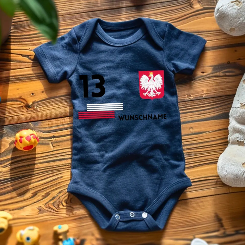 Fussball Polen - Personalisierter Baby-Onesie/ Strampler, Trikot mit anpassbarem Namen und Trikotnummer, 100% Bio-Baumwolle Baby Body