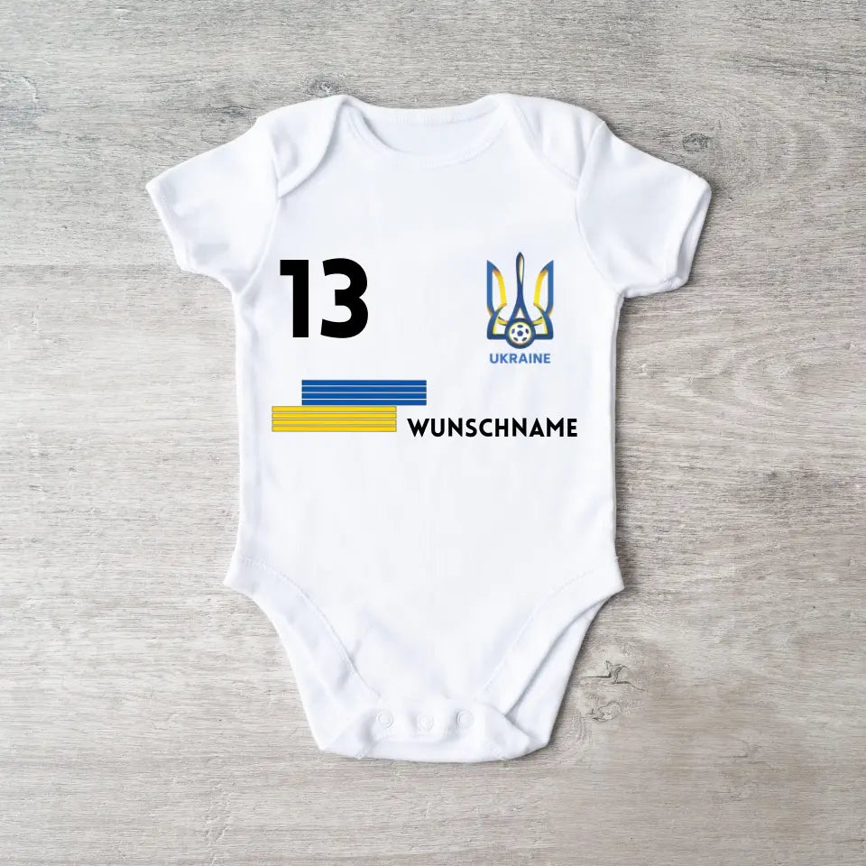 Fussball Ukraine - Personalisierter Baby-Onesie/ Strampler, Trikot mit anpassbarem Namen und Trikotnummer, 100% Bio-Baumwolle Baby Body