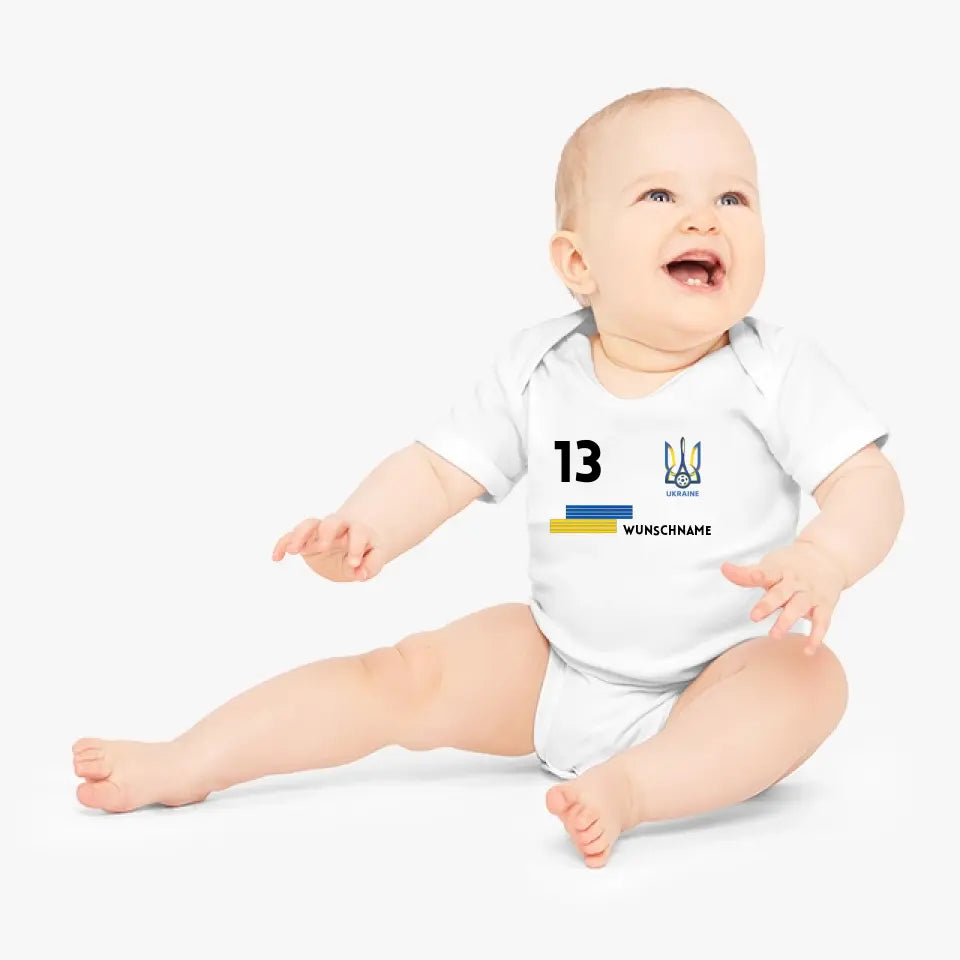 Fussball Ukraine - Personalisierter Baby-Onesie/ Strampler, Trikot mit anpassbarem Namen und Trikotnummer, 100% Bio-Baumwolle Baby Body