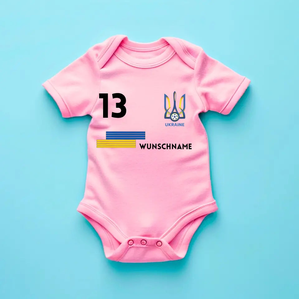 Fussball Ukraine - Personalisierter Baby-Onesie/ Strampler, Trikot mit anpassbarem Namen und Trikotnummer, 100% Bio-Baumwolle Baby Body