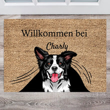 Ladda upp bild till gallerivisning, Personalisierte Haustier Fußmatte Hund &amp; Katze &quot;unterm Vorhang&quot; (1-4 Haustiere)
