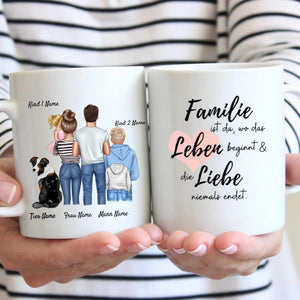 Personalisierte Familien Tasse "Wo die Liebe niemals endet" (1-4 Kinder + Haustiere)