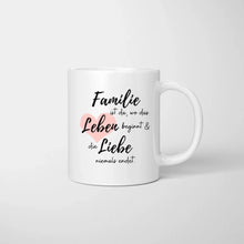 Ladda upp bild till gallerivisning, Personalisierte Familien Tasse &quot;Wo die Liebe niemals endet&quot; (1-4 Kinder + Haustiere)
