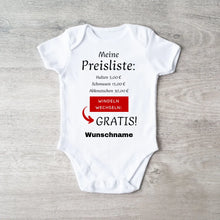 Ladda upp bild till gallerivisning, Baby Preisliste, Windeln wechseln gratis - Personalisierter Baby-Onesie/ Strampler, witziges Weihnachtsgeschenk, 100% Bio-Baumwolle
