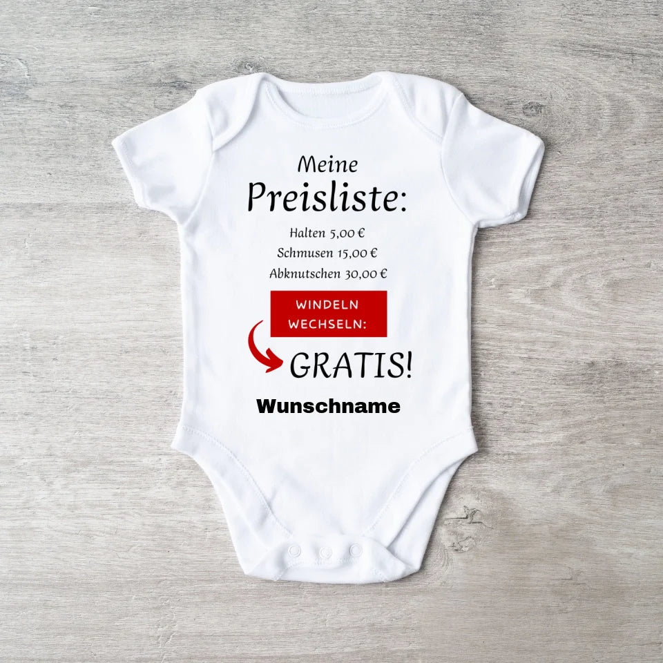 Baby Preisliste, Windeln wechseln gratis - Personalisierter Baby-Onesie/ Strampler, witziges Weihnachtsgeschenk, 100% Bio-Baumwolle