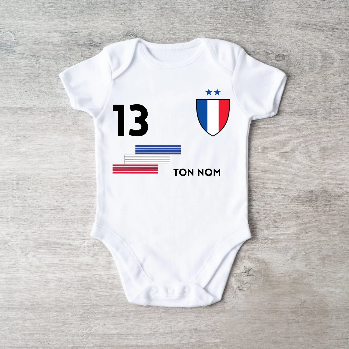 Maillot de foot France - Body bébé personnalisé avec prénom et numéro de maillot personnalisables, 100% coton bio, World Cup 2026