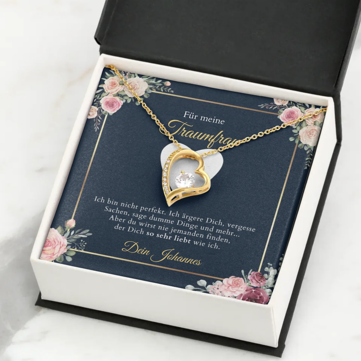 Forever Love "Drömkvinnan" - Halsband med guldhjärtan och personligt kort